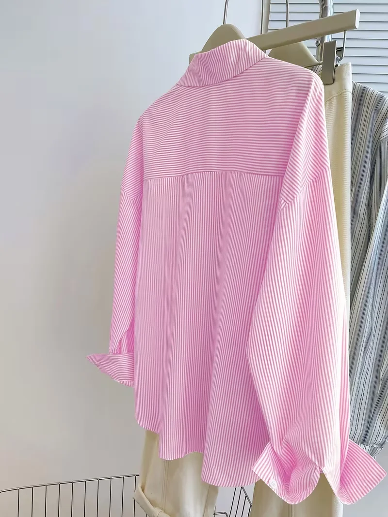 Women's Striped Knight Print Front Button-Up Casual Long Sleeve Shirt