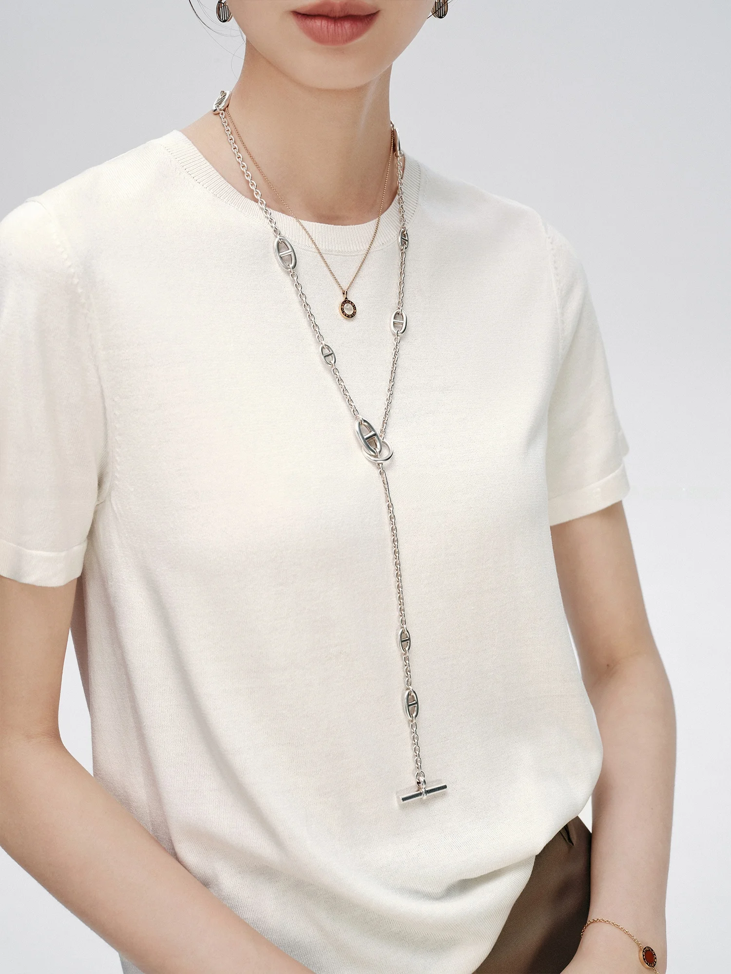 

Blancwing Silk Knitted T-irt round Ne ort Sve Summer Casual Pure Color Thin Silk Moissanite Knitwear