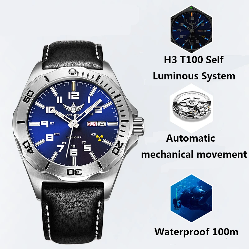 YELANG 2024 Men H3 T100 Self Luminous Automatic Mechanical Movement 24 Jewels Sapphire Rotated Dial Diver Waterproof 100m  V1019