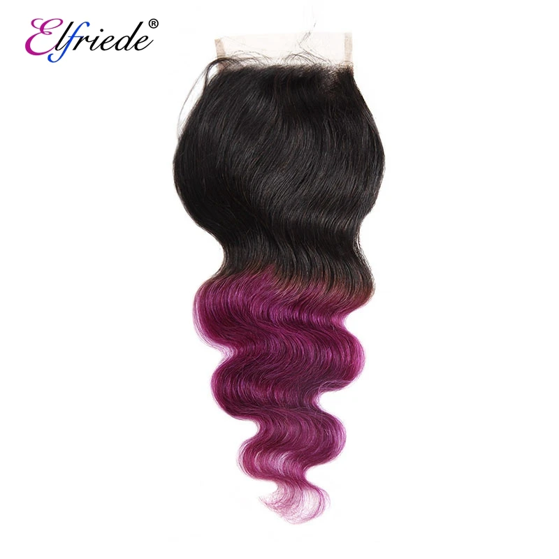 Elfriede-Mèches de cheveux 100% naturels Remy ondulés, violet foncé # 1B, avec lace closure 4x4, 3 lots