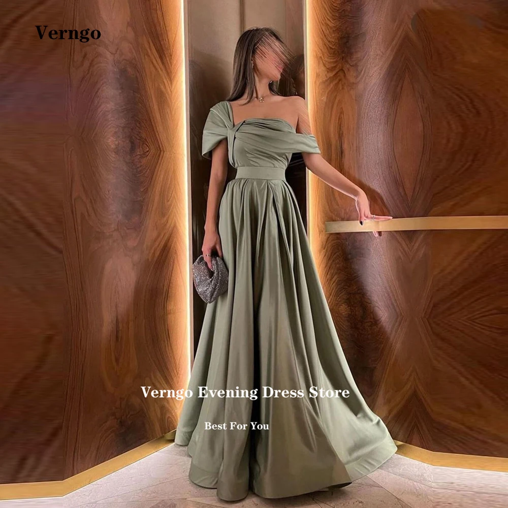 

Verngo One Shoulder Old Green Satin Evening Dresses Floor Length Off Shoulder Long Party Dress Formal Prom Gowns Abendkleider