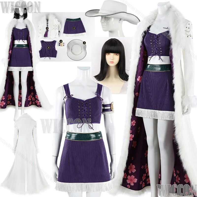 Disfraz de cosplay de Nico de la película de anime Robin, vestido morado sexy, capa larga blanca, sombrero, peluca negra de pelo corto, para fiesta de Halloween, para mujer