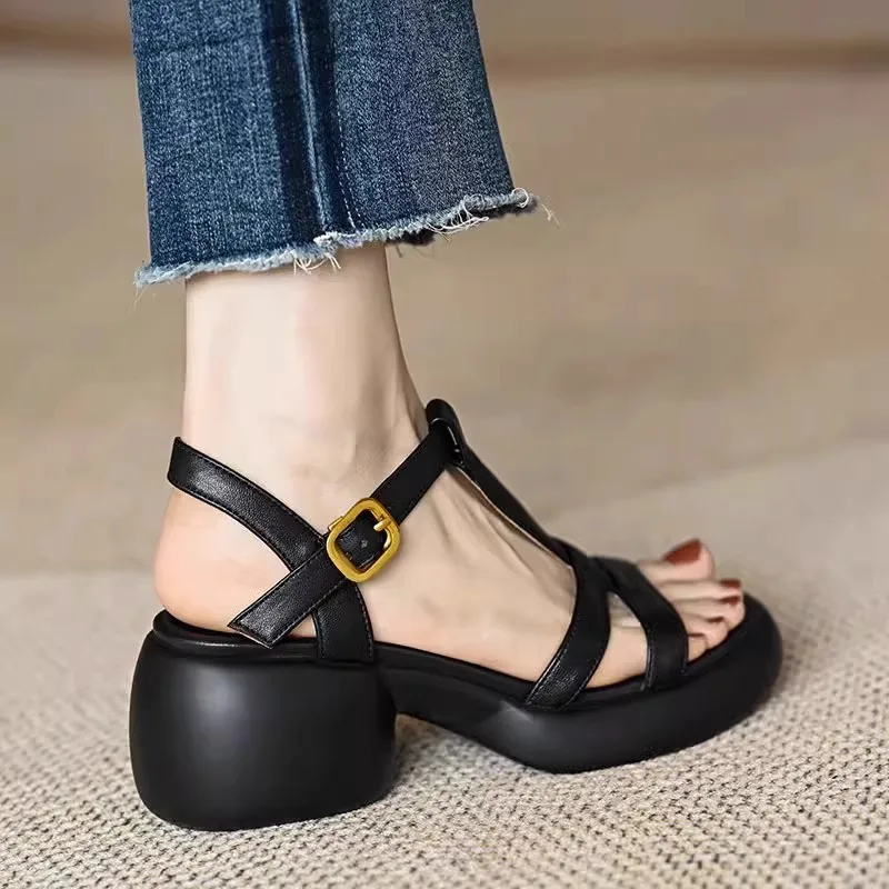 

Женские летние босоножки на толстом каблуке из мягкой кожи в стиле ретро Т-образной формы, на платформе и высоком каблуке с открытым носком