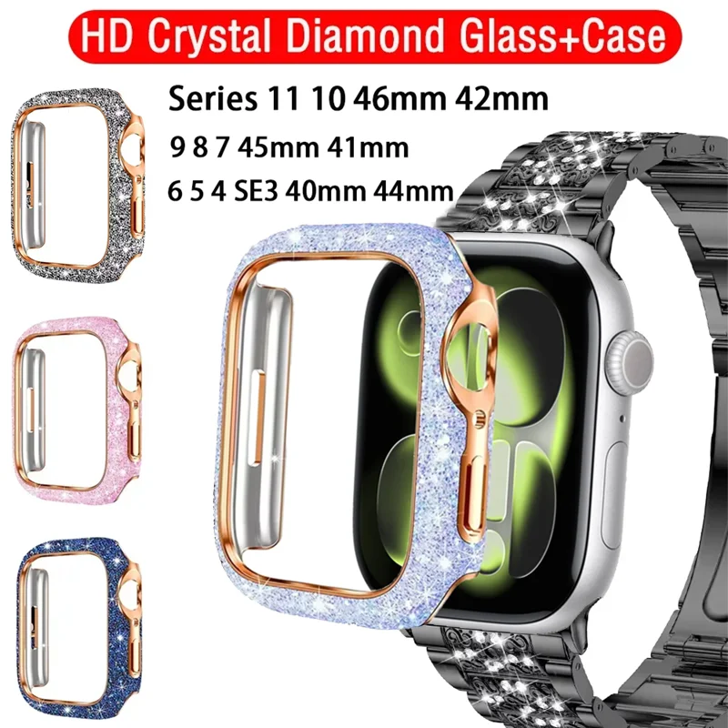 HD Crystal Diamond Glass Case For Apple Watch 11 10 46mm 42mm Screen Antiscratch Shell iWatch 9 8 7 6 5 SE 45/41mm 44/40mm Cover