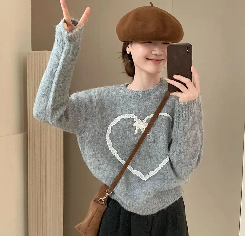 

Simple Style Sweet Heart Sweater Hooded Casual Knitted Top Women's Fashion Autumn New Korean Version Comfortable