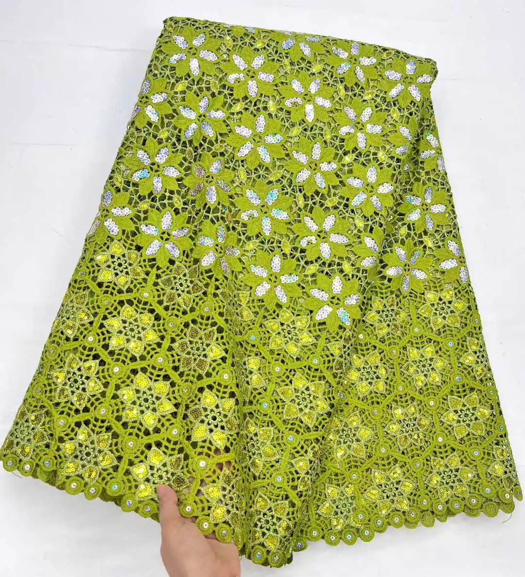 

Зеленая роскошная африканская кружевная ткань ручной работы с тяжелыми блестками, высокое качество, французский тюль с блестками, кружево для свадебных платьев RFA24HN-165