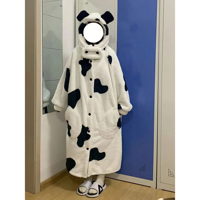 Cow Print Robe Women Sleepwear Hooded Nightdress Winter Fleece Pajama Night Wears Warm One Piece Nightgown Long Sleeve Homewear