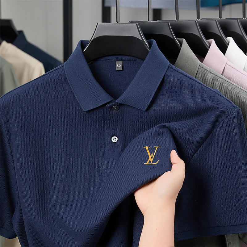 الفاخرة جودة الرجال قميص بولو التلبيب تي شيرتات قصيرة الاكمام الصيف جديد بلون التطريز بسيط موضة الأعمال ملابس رجالية