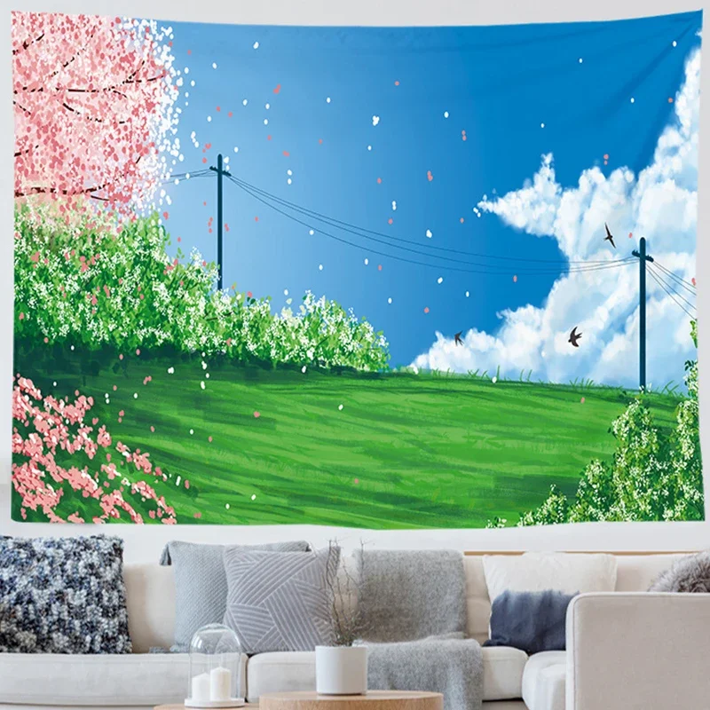 Japanese Kawaii Tapestry Anime Style Tapestry Blooming Sakura Tapestry Family Room Decoration Wall Hanging Girls Dorm Bedroom