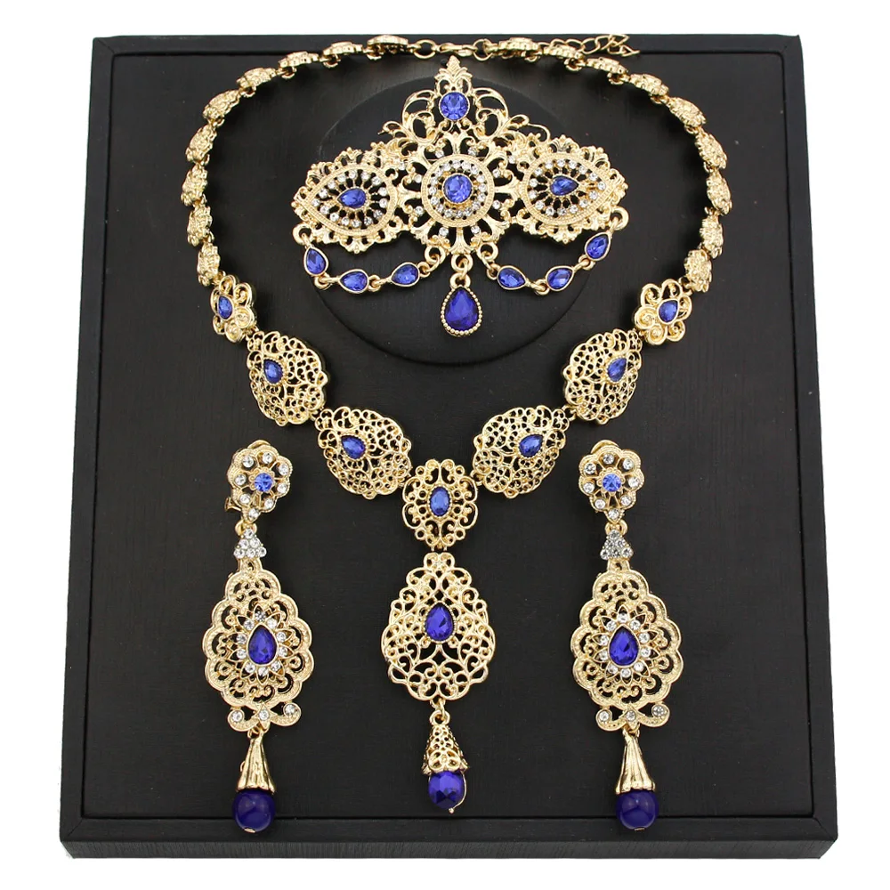 Sunspicems Gold Color Moroccan Bride Jewelry Sets for Women Caftan Brooch Earring Necklace Set Algeria Flower Pendant Necklace