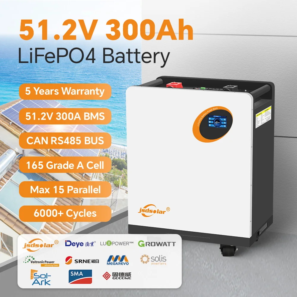 Jsdsolar 15KWH LiFePO4 Battery 51.2V 304Ah Solar Energy Storage Built-in Bluetooth 200A BMS Low-Temp Protection Grade A+ Rechargeable 6000+ Cycles Lithium Battery for Home Backup Emergency BMS