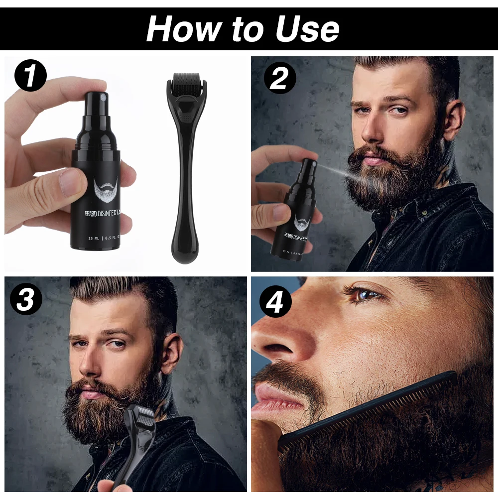 4 Pcs/set Beard Growth Serum Kit Facial Body Hair Beard Rapid Enhancer Thickening Beard Growth Roller Massage Comb for Men