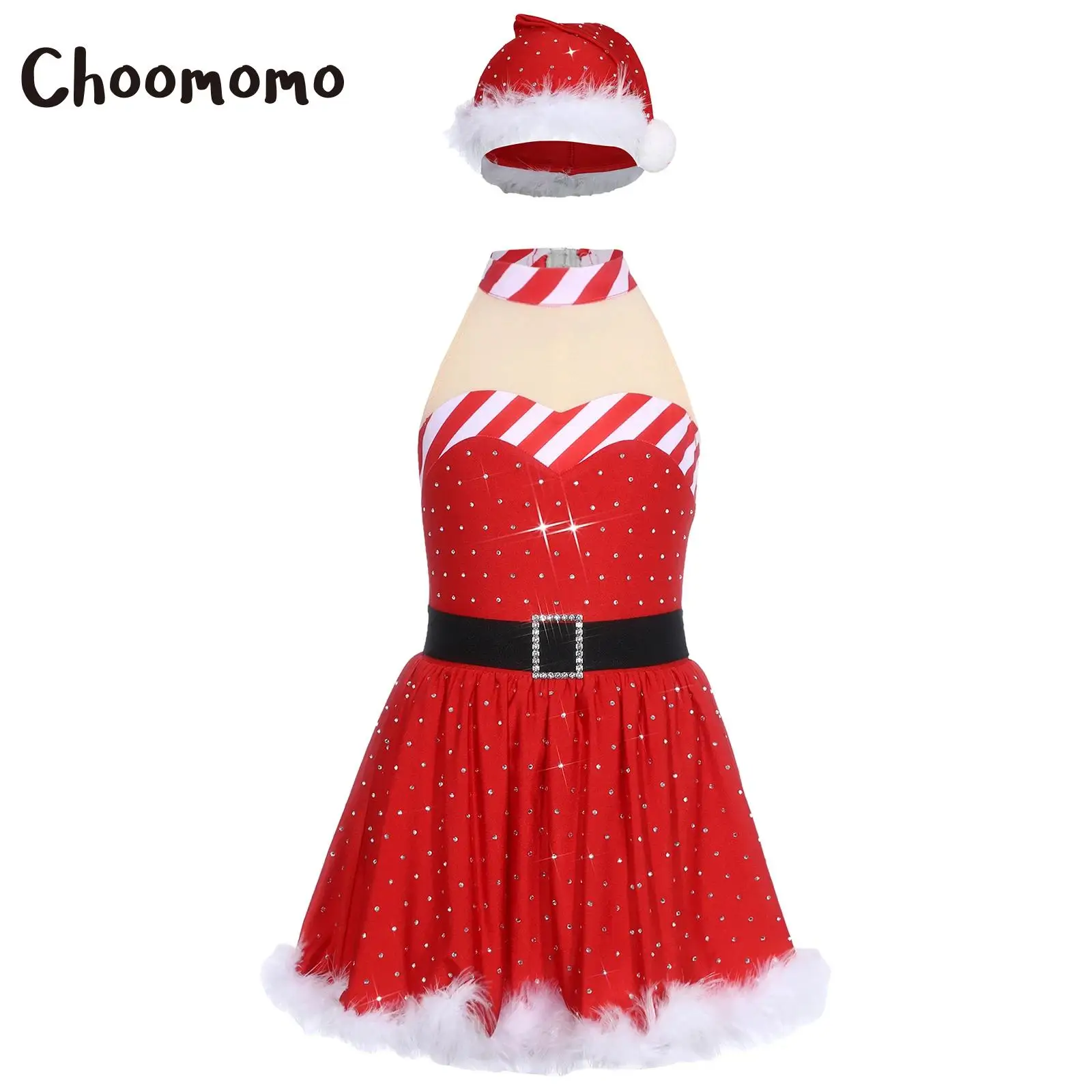 

Kids Girls Santa Clause Dress Christmas Holiday Festival New Year Party Leotard Dress with Sleeveless Glitter Rhinestones Tutu