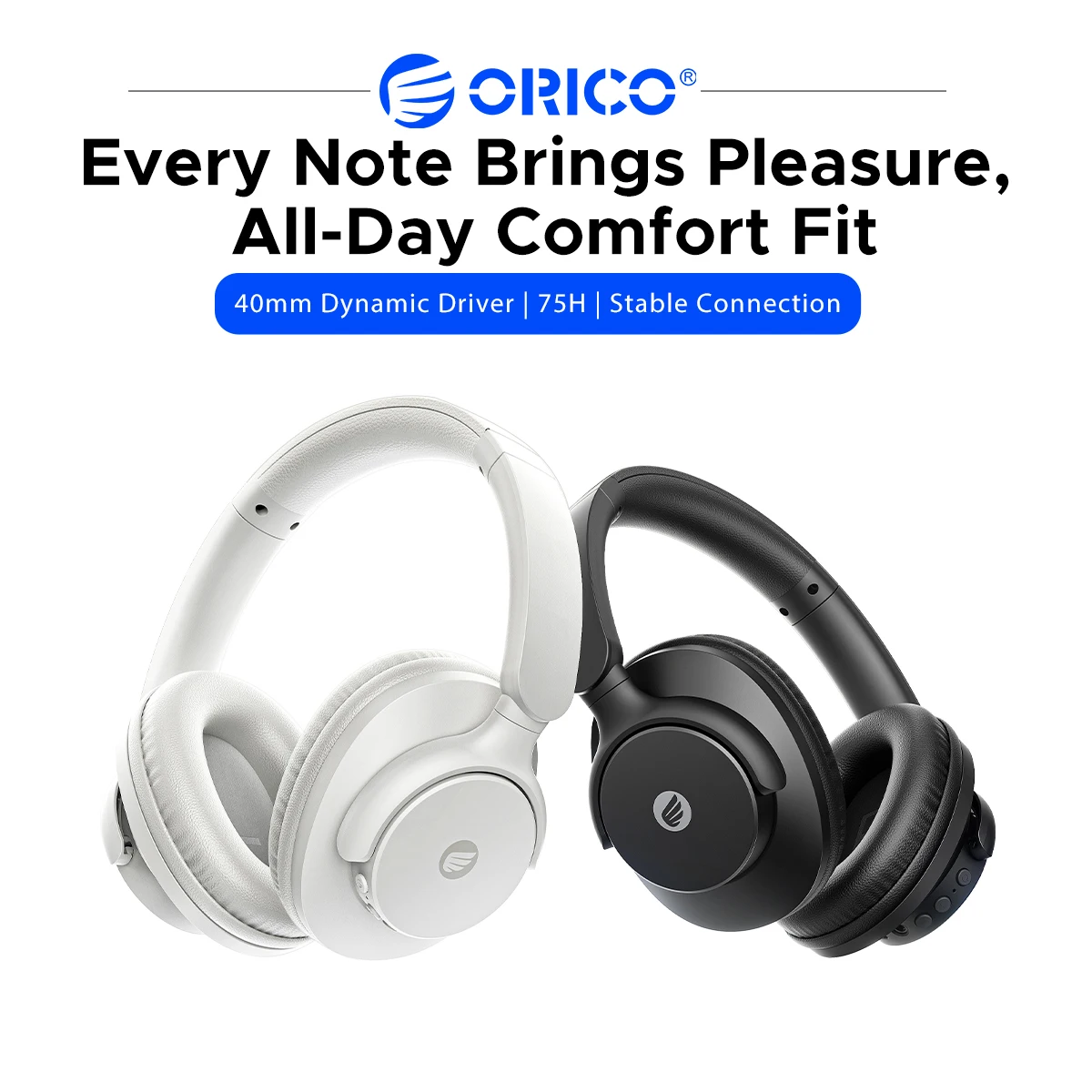 Casque Bluetooth sans fil ORICO supra-auriculaire avec haut-parleur 40 mm, autonomie 75H, prise en charge carte TF, SBC/AAC, pliable, double paire, en cuir protéiné