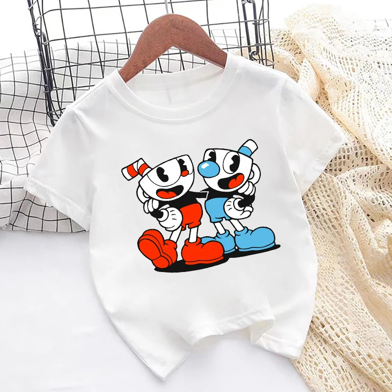 حار بيع لطيف Cuphead لعبة طباعة الكرتون الاطفال تي شيرت الفتيات جديد الصيف قمم طفل الفتيان ملابس الأطفال قصيرة الأكمام تي شيرت