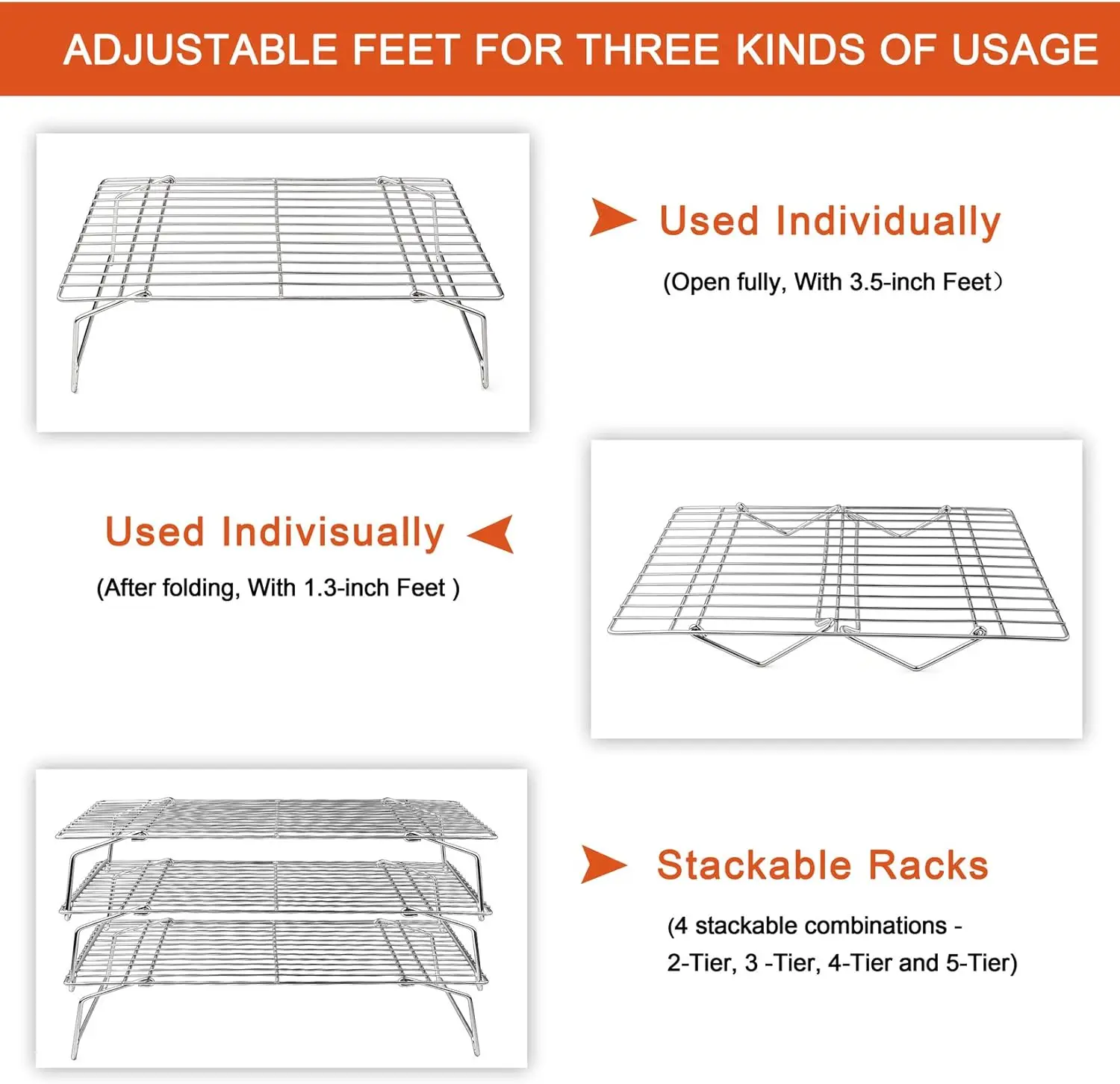 5-Tier Stainless Steel Stackable Cooling Rack for Baking, Roasting, Grilling - Collapsible & Oven Safe, Easy Clean