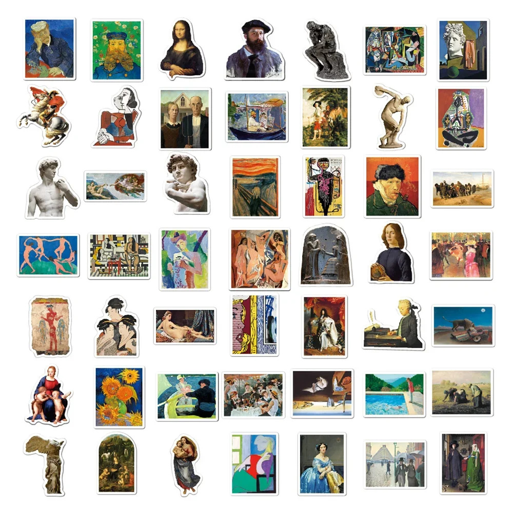 10/30/50PCS Oil Painting Art Famous Painting Mona Lisa Van Gogh Picasso David Sticker Luggage Laptop DIY Decoration Wholesale