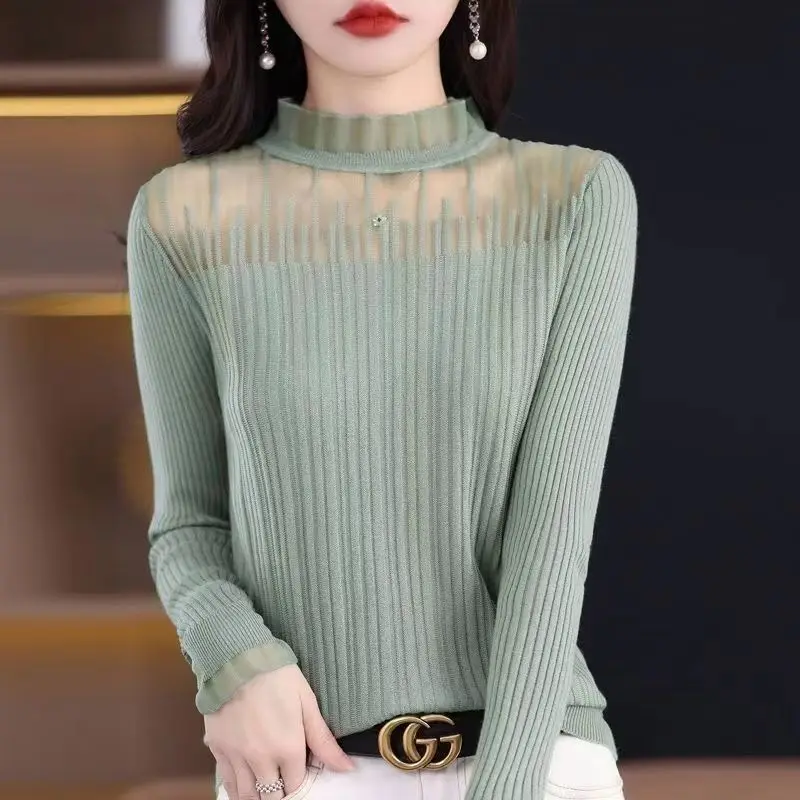 Women\'s Spring and Autumn Fashion Solid Color Half High Neck Lace Hollow Versatile Long Sleeve Slim Fit Sweater Knitted Tops