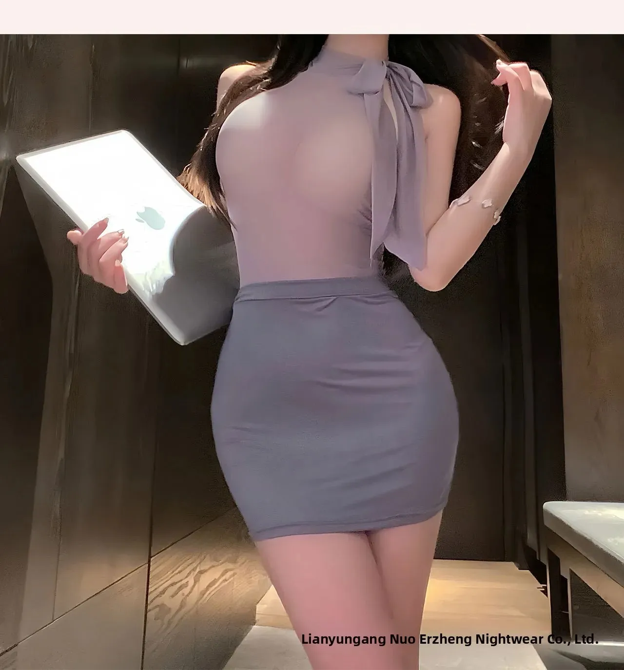 Sexy Secretary Skirt Sets Hollow Out Uniform Lace Pure Desire Skirt Sets Hanging Neck Off-the-shoulder Backless Sleeveless 1QBN view 5