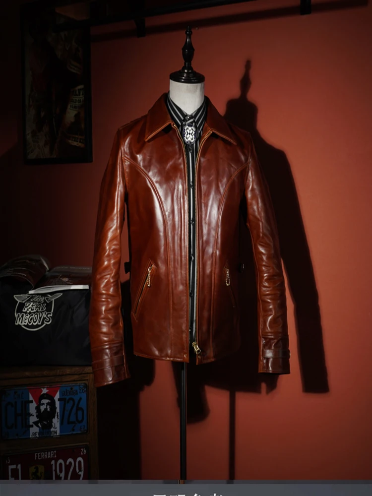 

YR!Free shipping.Luxury Japan tanned horsehide jacket.vintage brown 1940 style genuine leather coat.Heavy Retro cloth