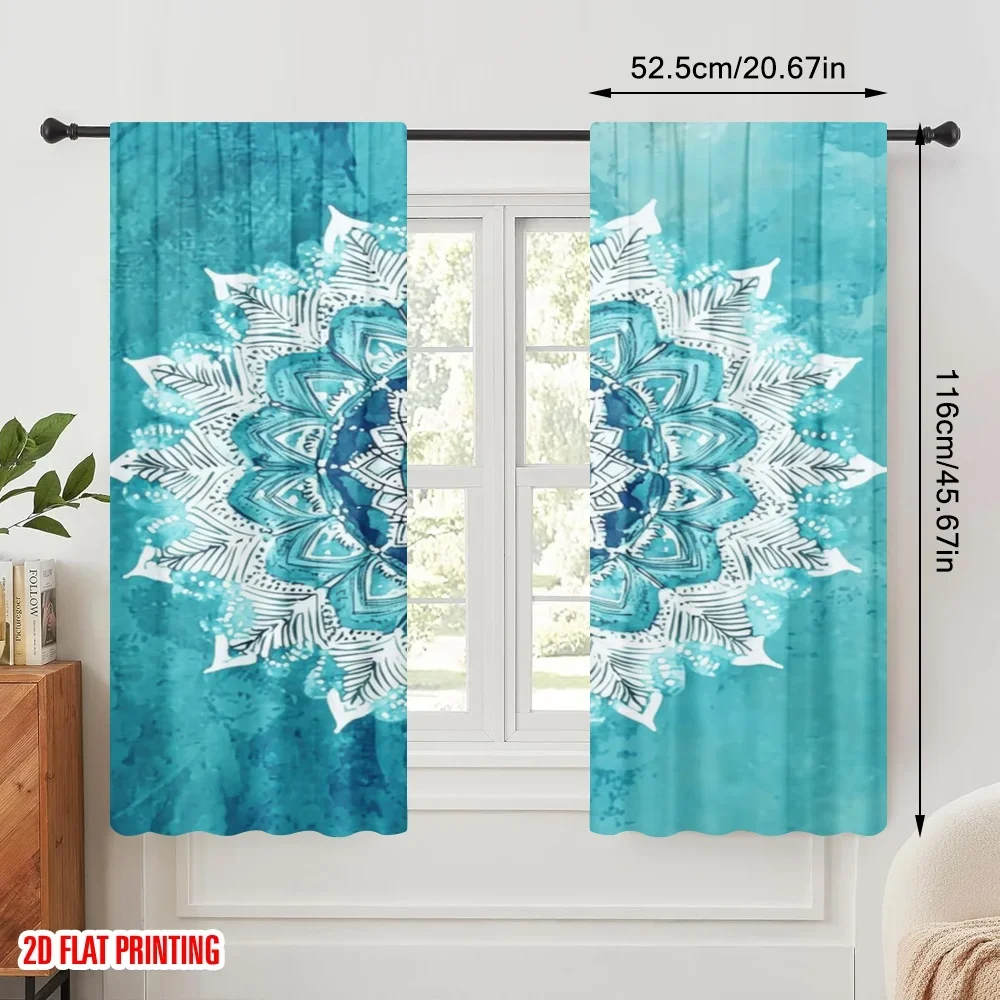 2pcs,2D plane printing Curtain Popular Aqua Mandala Versatile Polyester Fabric (without rod) Decorations Inside Perfect for