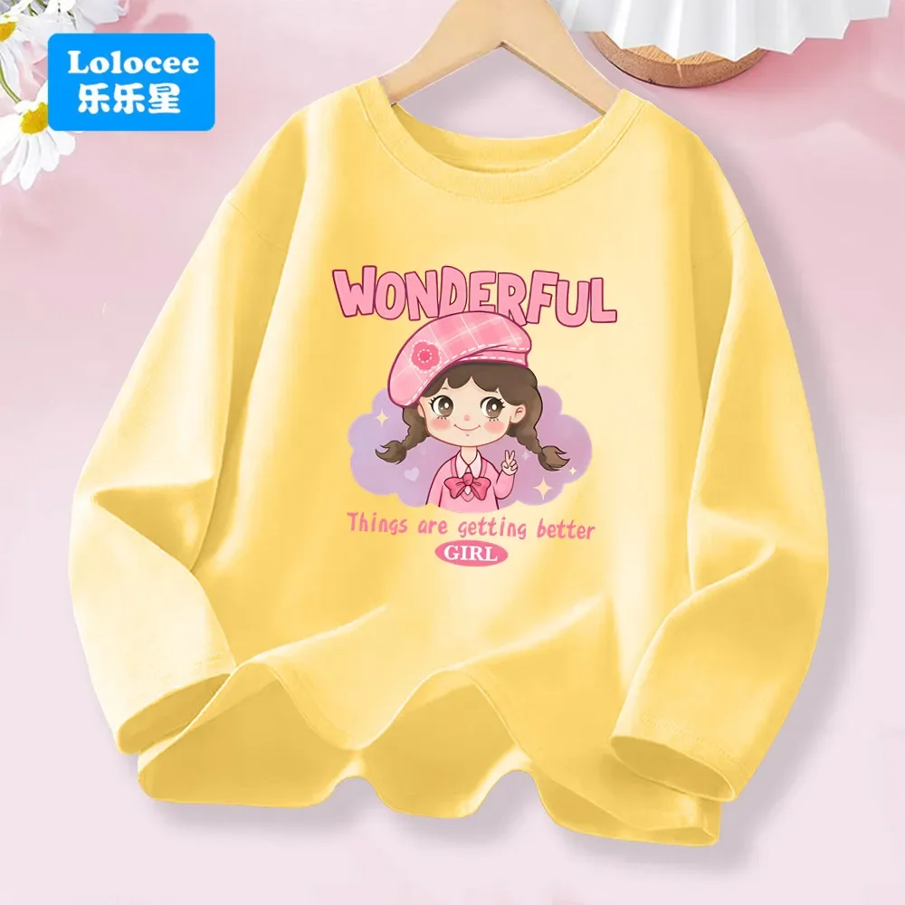 2025 New Girls' Long Sleeve t-shirt Adorable Cartoon Girl & Inspirational Slogan Design Cotton Tops Kids Daily Wear