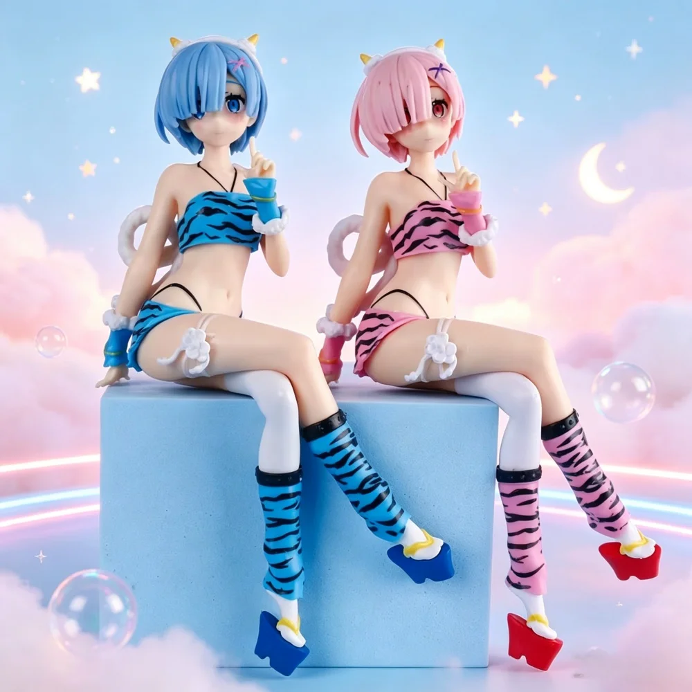 Anime Figure pajamas Leopard Bikini Sitting posture Re:Zero Rem Girl 17CM PVC Model Statue Collection Desktop Decoration Toys