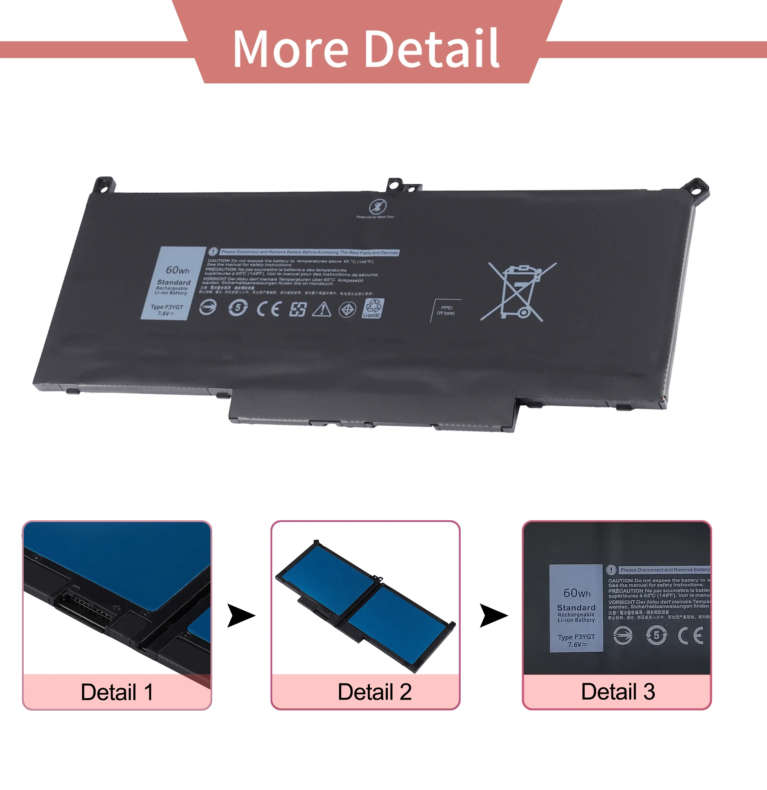 7.6V 60Wh F3YGT Laptop Battery for Dell Latitude 12 7000 7280 7290/13 7000 7380 7390 P29S002/14 7000 7480 7490 P28S P28S001 P73G