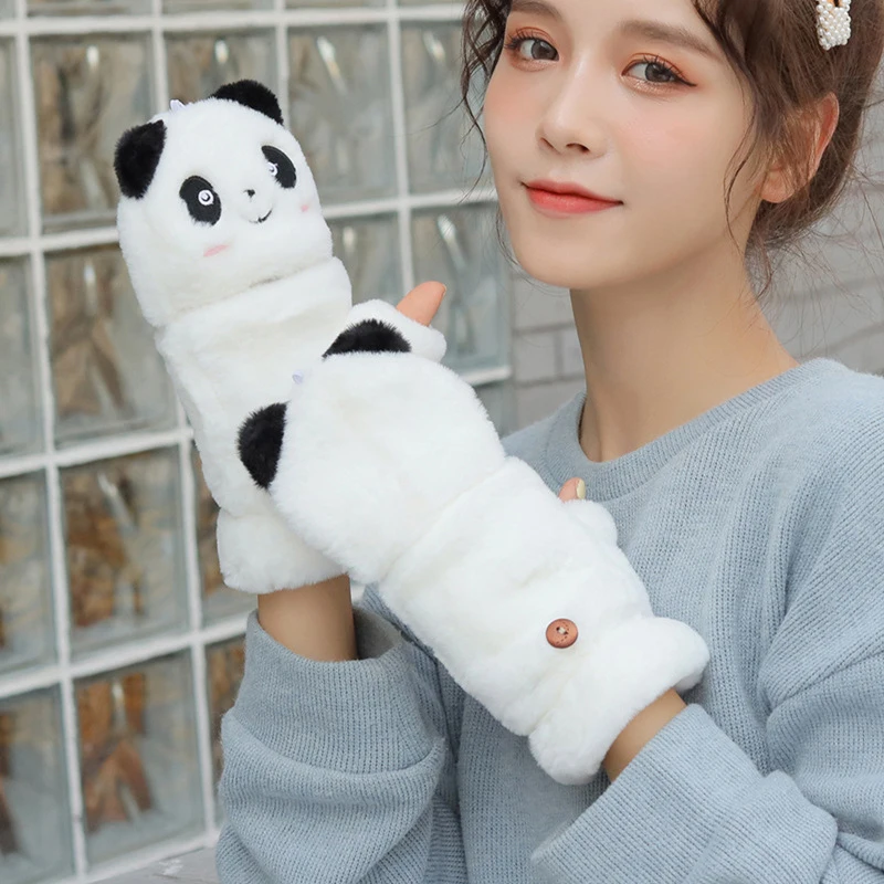Women Plush Warm Glove Lovely Rabbit Cat Panda Mittens Flip Fingerless Glove Soft Girls Thick Gloves Flexible Half Finger Winter
