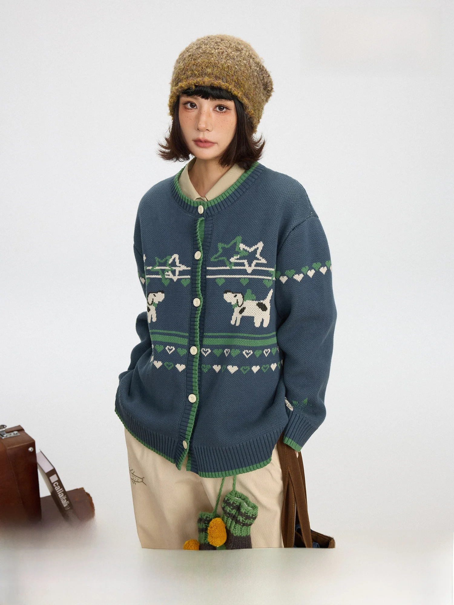 

Retro Vintage Knitted Heart Doggie Open Cardigan Sweater Original Fun Design Warm Cotton Autumn Winter Women's Faion