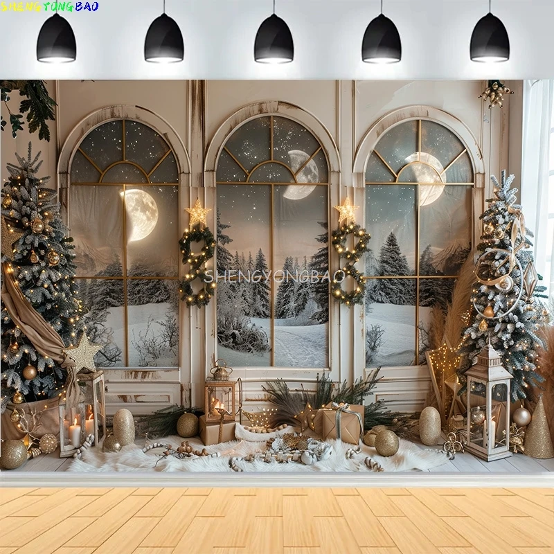 

Christmas Scene With Large Window Mountain Photography Backdrops New Year's Eve Family Party Gift Photo Background HC-02