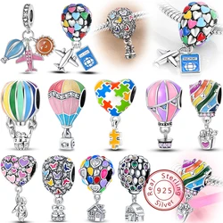 Fit Pan 925 Original Bracelets 925 Sterling Silver House Astronaut Puzzle Colorful Hot Air Balloon Charms Beads DIY Fine Jewelry