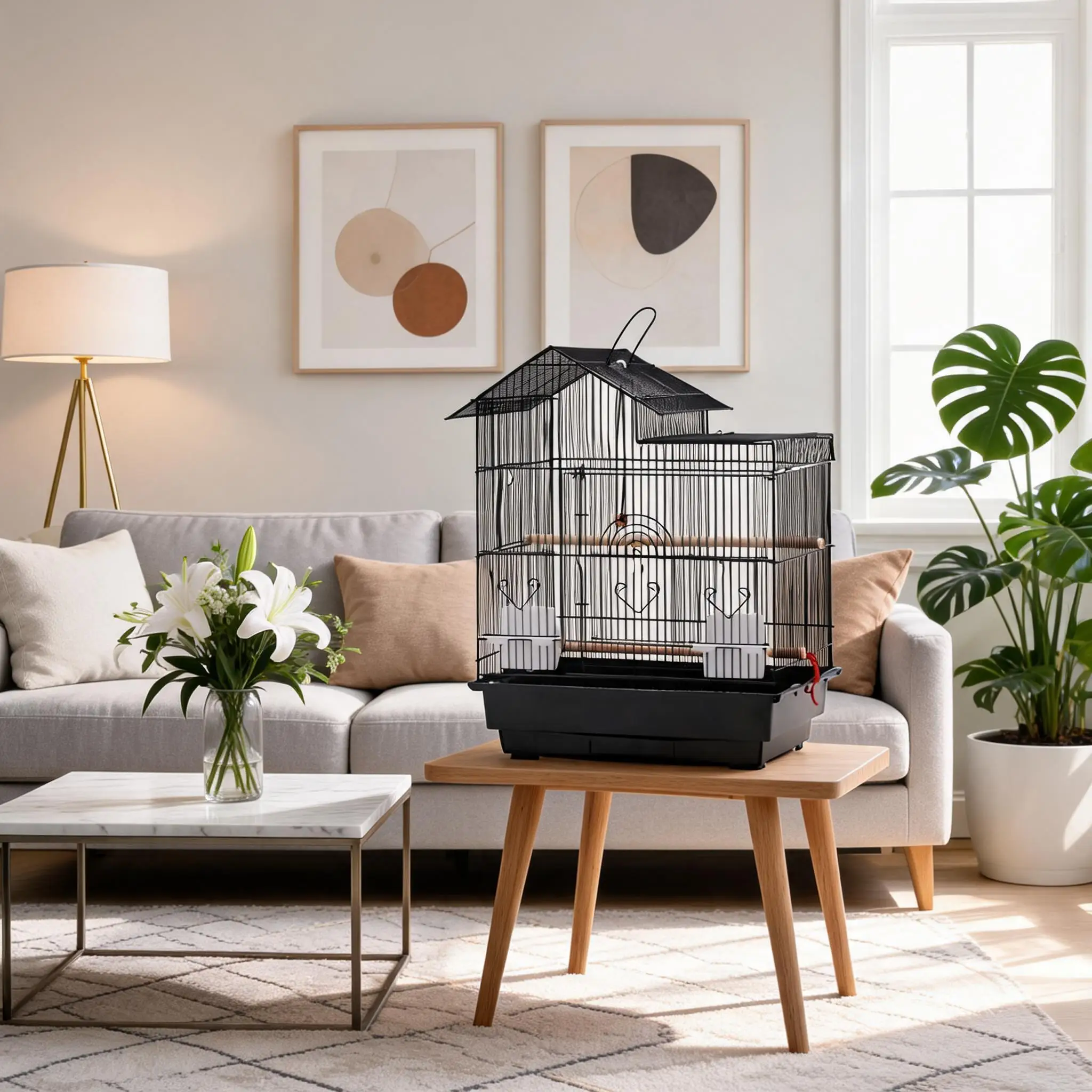 Wire Bird Cage, 1 Set Black Metal Bird Cage 46x36x62cm, Durable Wire Mesh Birdcage for Small Birds, Easy to Clean & Assemble, Indoor Outdoor Pet Home