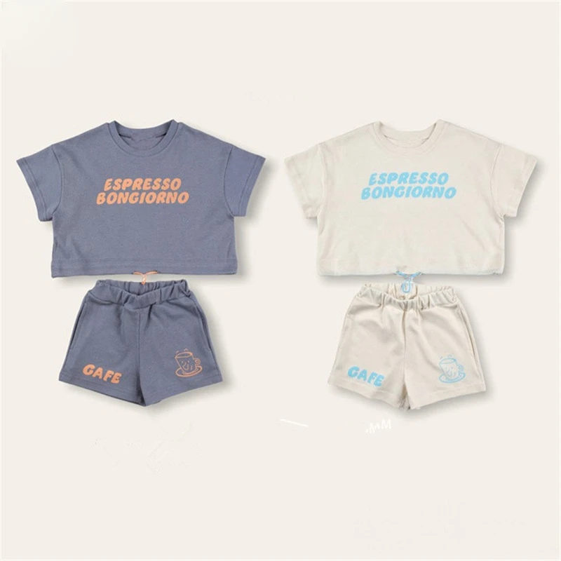 Summer Korea Baby Boys Suit Letter Prints T shirts+Shorts Girls 2Pcs Casual Baby Sets Toddler Clothes