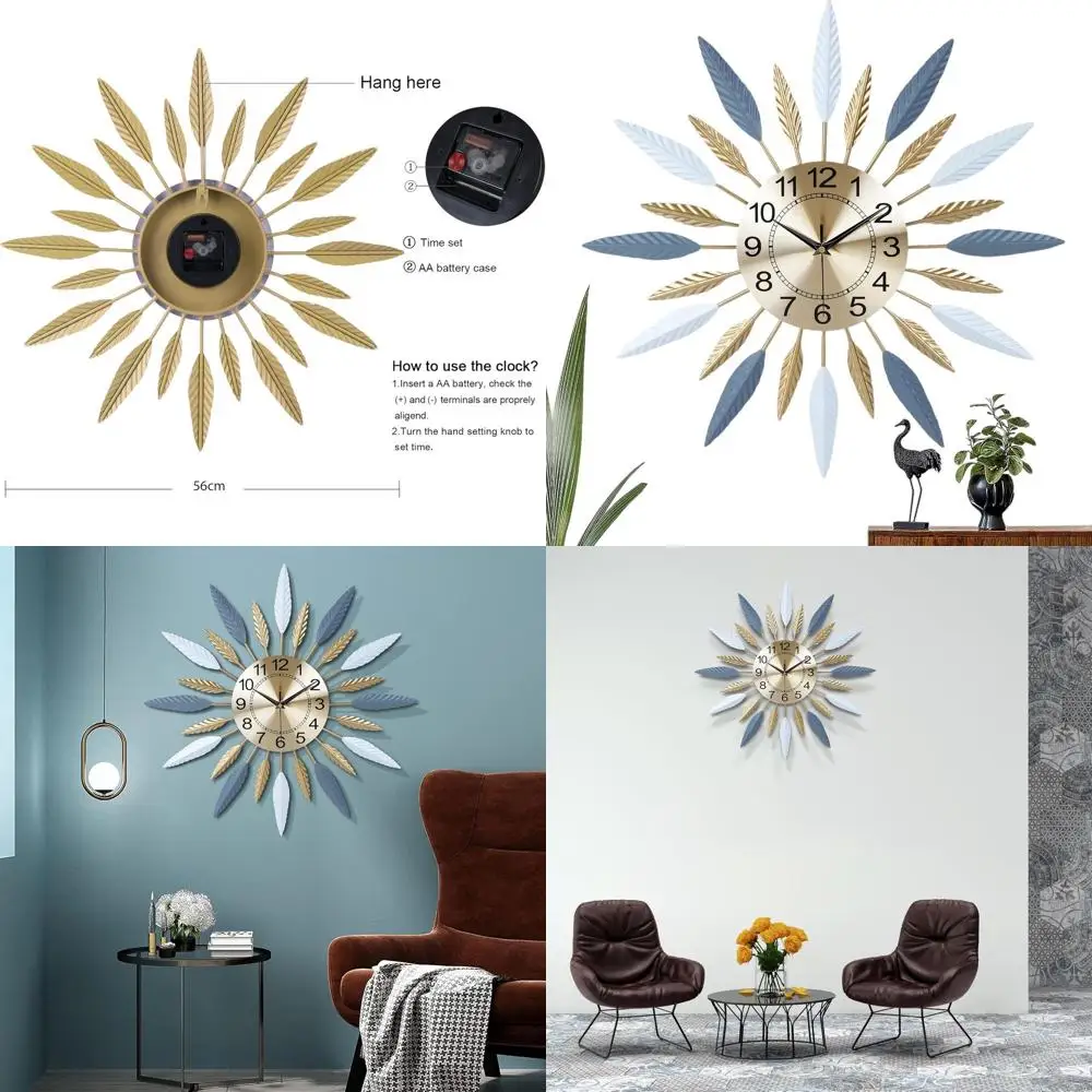 

23 Mid-Century Modern Sunburst Wall Clock, Silent Large Decorative Clock for Living Room, Battery-Powered Art Deco Style