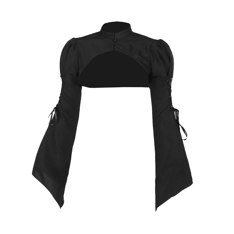 Top corto de manga larga con cuello alto y cordones para mujer, ropa de Partywear elegante, estilo gótico, negro, acampanado