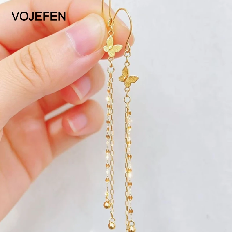 VOJEFEN 18K Pure Gold Butterfly Long Tassel Drop Earrings for Women Elegant Bead Chain Dangle Earrings Wedding Party Jewelry