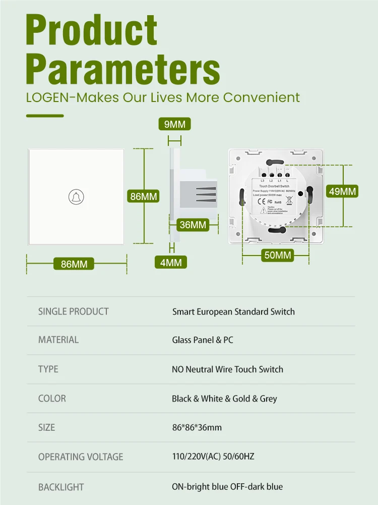 EU New Tempered Crystal Glass Panel 4 Color Wall Touch Sensor Doorbell Switch 1 Gang 1Way Blue Backlight No Neutral Wire