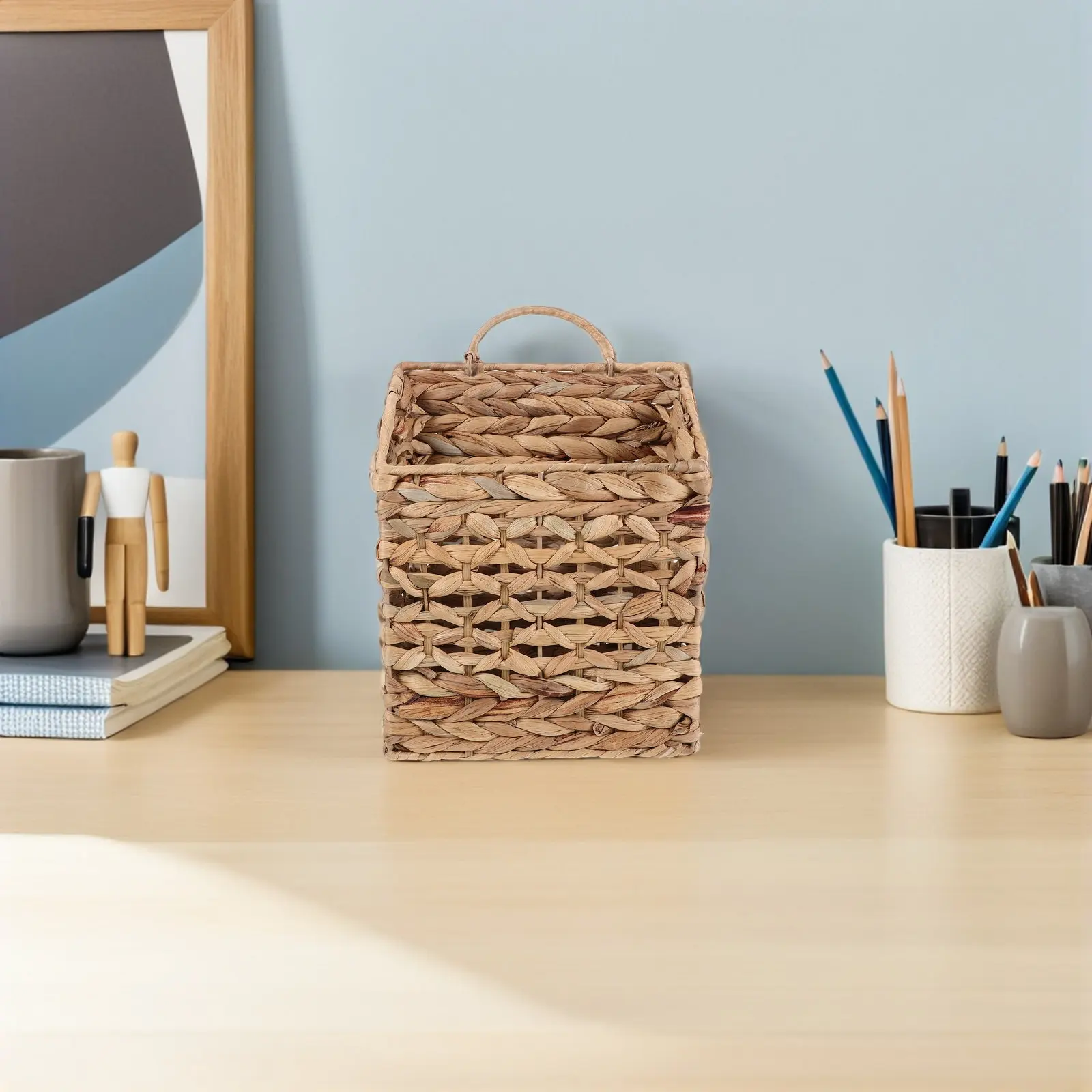Cesta de almacenamiento colgante de mimbre, cesta de ratán natural para colgar plantas en la pared, organizador de revistas y correo, soporte de archivos montado en la pared, estilo boho.
