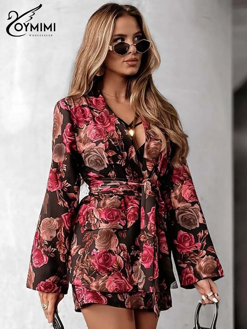 

Oymimi Elegant Red Print Two Piece Set For Women Fashion V-Neck Long Sleeve Lace-Up Pockets Shirts And Straight Mini Skirts Sets