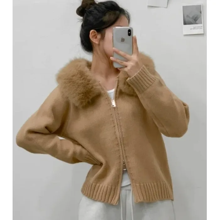 Maglione lavorato a maglia chic Jaet Donna Casual Allentato Lungo Sve Collo in pelliccia grande Maglieria con cappuccio Autunno Inverno Faion Capispalla