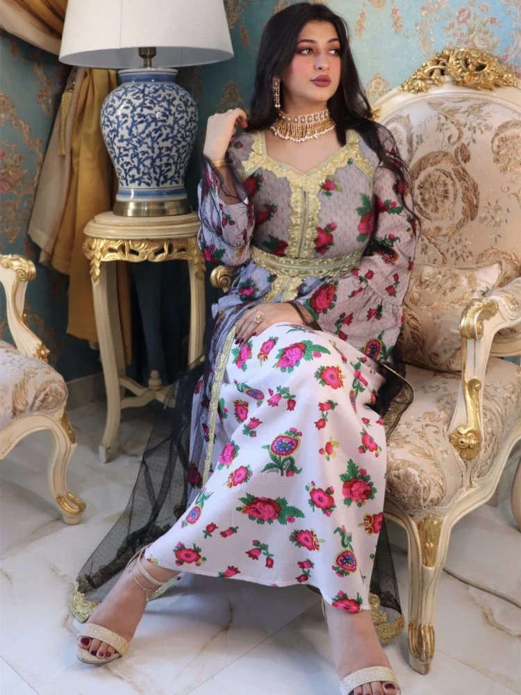Eid Embroidered Abaya Dress Women Eid Mubarak Middle East Dubai Turkey Moroccan Kaftan Party Robes India Islamic Clothing