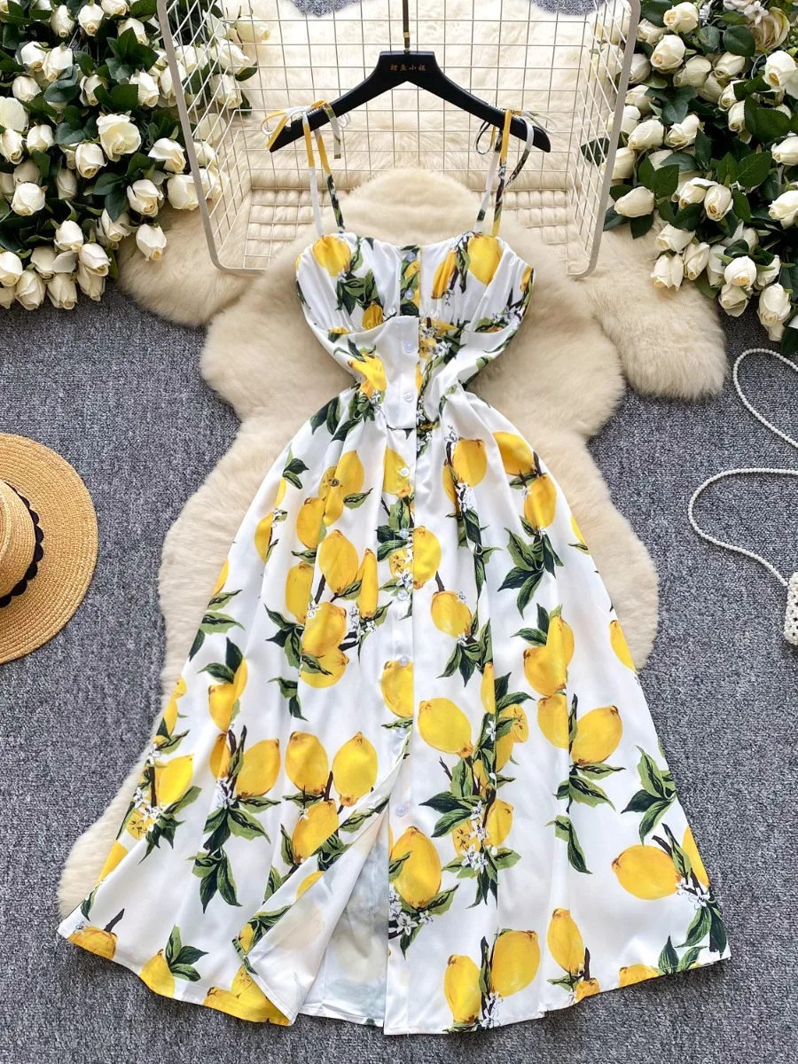 Foamlina Francuska Sukienka Midi Retro z Kwiatowym Nadrukiem, Wiązana na Szyi, Letnia, z Rozcięciem, Podkreślona w Talii, Dopasowana, Elegancka, Unikatowa