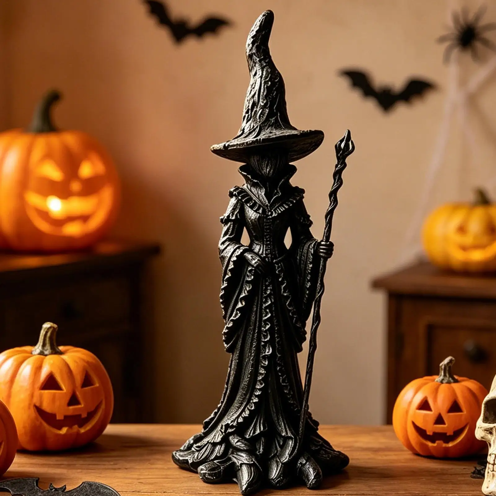 Black Witch Statue Gothic Resin Figurine Retro Magician Decor Dark Fantasy Ornament Halloween Festival Collectible