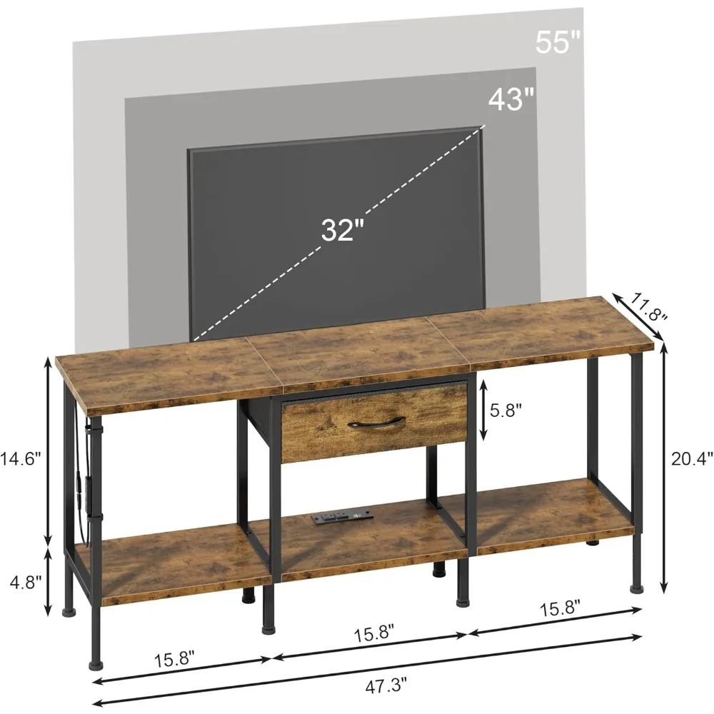 حامل تلفزيون LED مع مخرج طاقة وأضواء RGB - مركز ترفيهي لأجهزة التلفاز مقاس 55-32 بوصة، وحدة تخزين بأدراج قماشية، بني ريفي #1