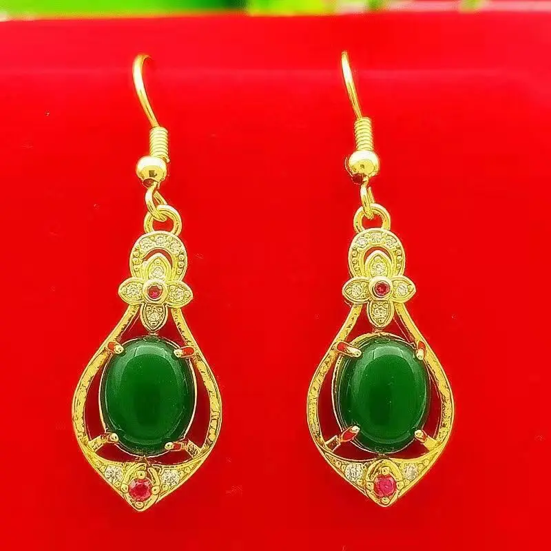 24k gold gemstone earrings ear hooks AU999 pure gold retro transfer beads long tassel temperament earrings for women