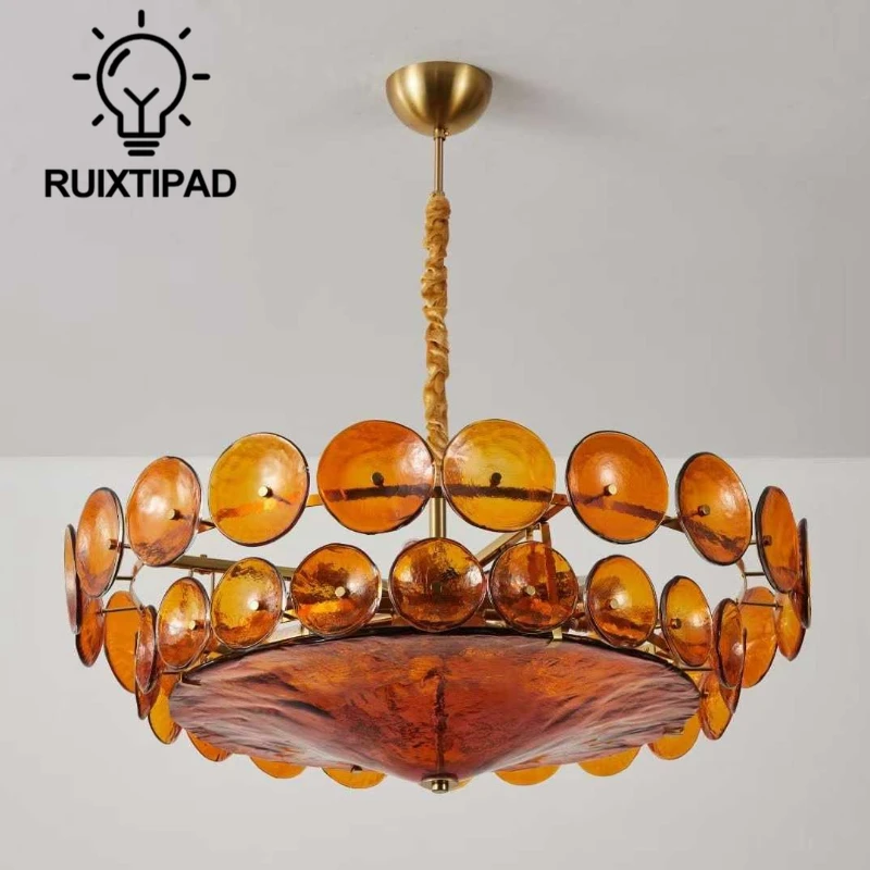 Lustre de vidro murano âmbar para sala de estar, sala de jantar, led, luz pendente vintage com lâmpada, arte, decoração interna