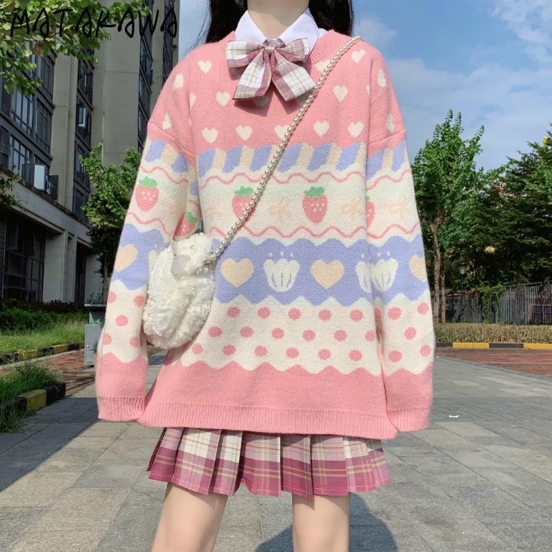 

Matakawa Pink Cartoon Woman Sweaters Japanese Style Autumn Winter Sweet Cute Pullovers Fashion Vintage Warm Loose Pull Femme