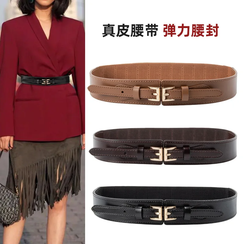 Western Elastic Double Pin Buckle Leather Women Waistband Belt Fashion Dress Coat Show Thin Belt for Ladies