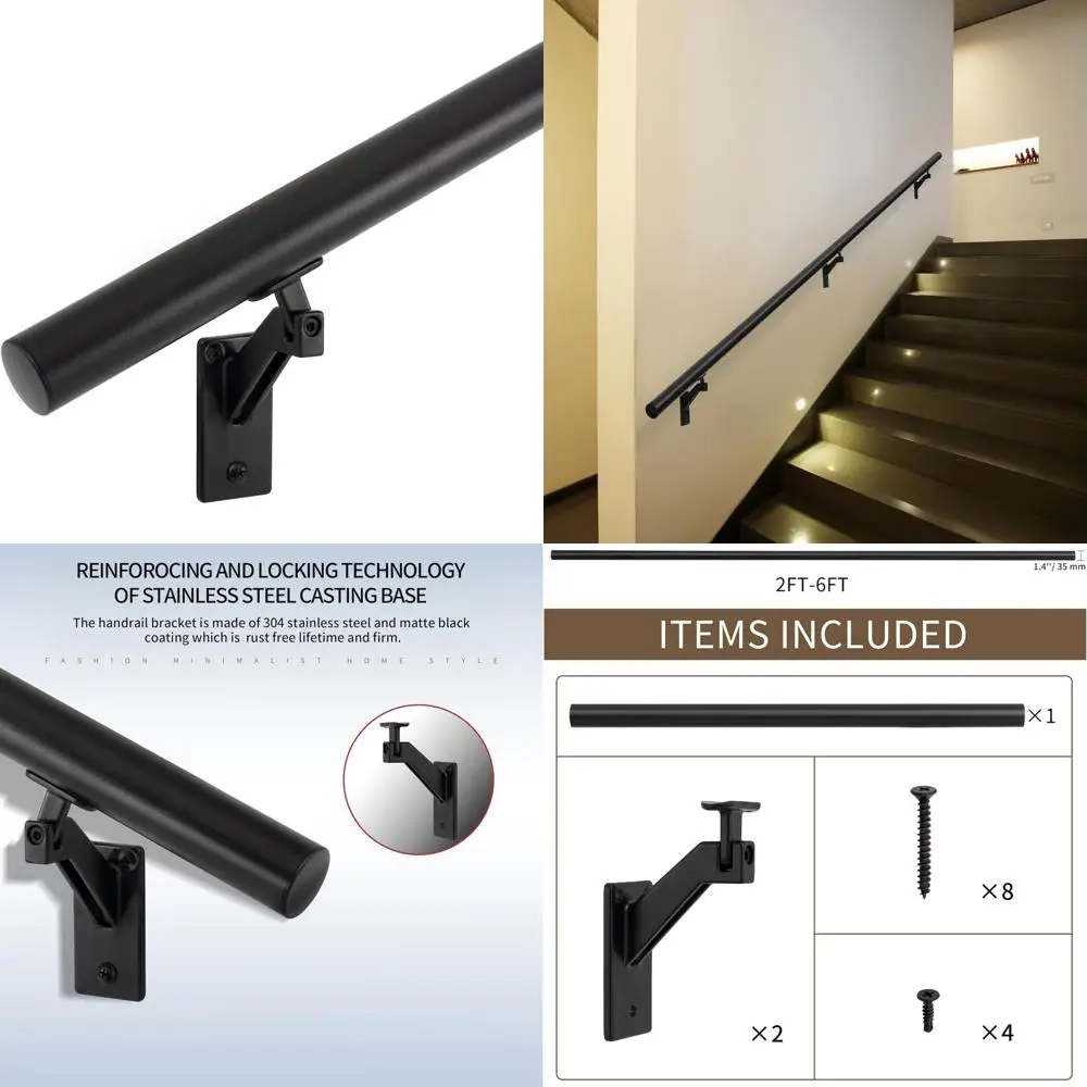 مجموعة درابزين الدرج الداخلي والخارجي - مجموعة درابزين ألومنيوم حديثة مع شريط بقطر 1.4 وأقواس من الفولاذ المقاوم للصدأ قابلة للتعديل